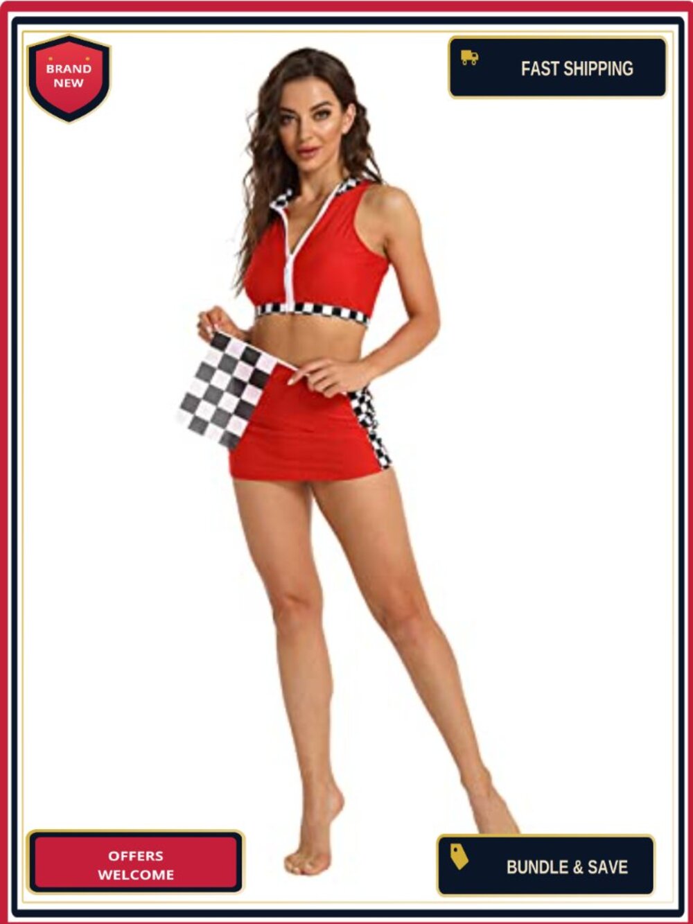 Women Stewardess Racer Costume Dress Vest Flag Cosplay Halloween Outfit